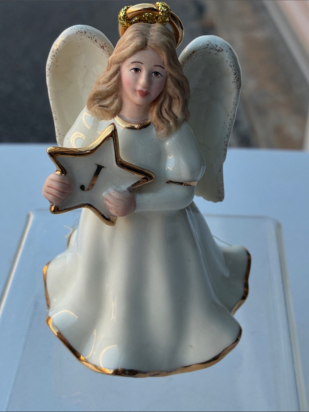 Lenox Porcelain Angel Figurine Holding Star - White with Gold Trim initial J